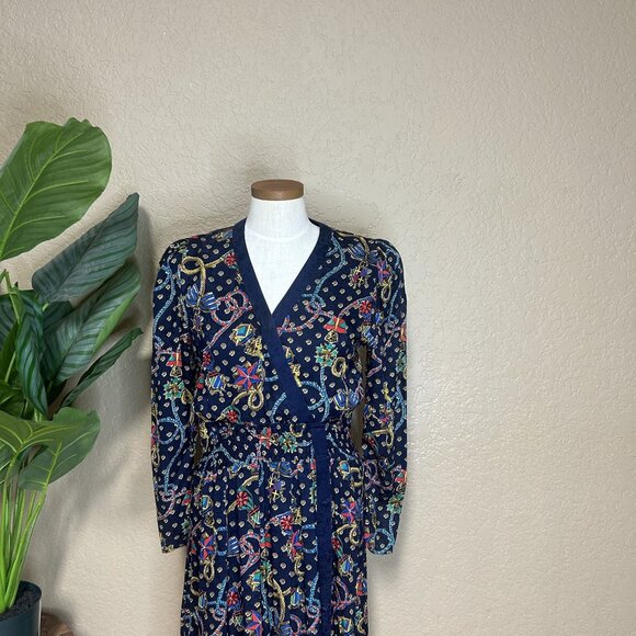 Diane Freis Womens Vintage Long Sleeves Silk dress Printed Deep Blue Size Medium - Picture 4 of 9
